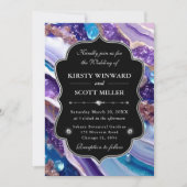 Invitation Mariage Élégant Marbre Paillettes Bleu Violet (Devant)