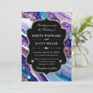Invitation Mariage Élégant Marbre Paillettes Bleu Violet