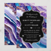 Invitation Mariage Élégant Marbre Paillettes Bleu Violet (Devant / Derrière)