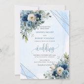 Invitation Mariage élégant Marine Bleu Argent Blanc Roses (Devant)