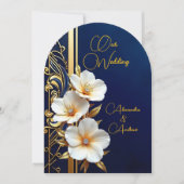 Invitation Mariage élégant Marine Blue Gold Diamond Floral (Devant)