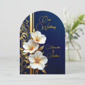 Invitation Mariage élégant Marine Blue Gold Diamond Floral (Debout devant)