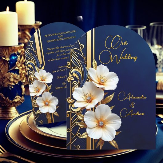 Invitation Mariage élégant Marine Blue Gold Diamond Floral