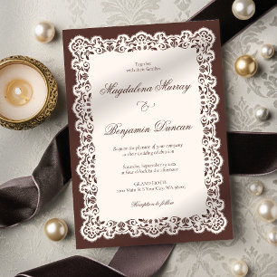 Invitation Mariage élégant marron espresso dentelle ivoire vi