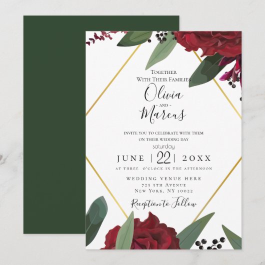 Invitation MARIAGE | Elégant Marsala Floral Bourgogne-Bourgog (Devant / Derrière)