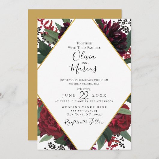 Invitation MARIAGE | Elégant Marsala Floral Gol Bourgogne (Devant / Derrière)