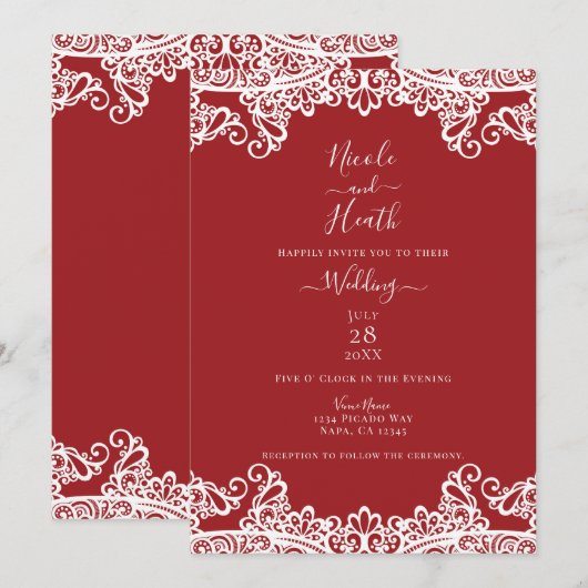 Invitation Mariage Élégant Mascarade Rouge & Blanc (Devant / Derrière)