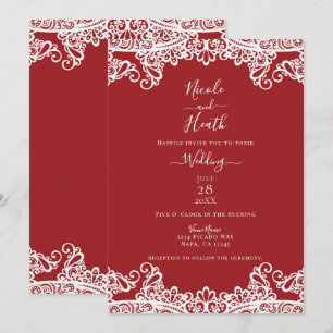 Invitation Mariage Élégant Masqué Rouge & Blanc à Dentelle