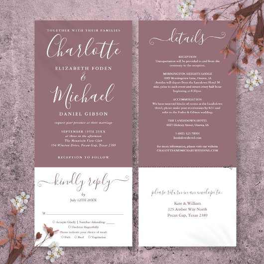 Invitation Mariage Élégant Mauve Script Tout En Un