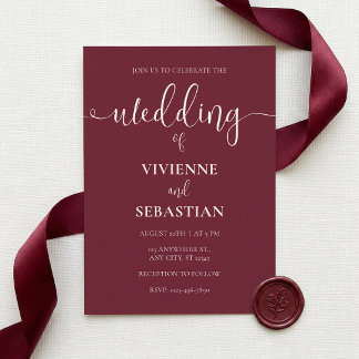 Invitation Mariage Élégant Minimaliste Script Bourgogne Ivoir
