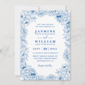 Invitation Mariage élégant moderne à code QR floral blanc ble (Devant)