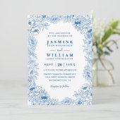 Invitation Mariage élégant moderne à code QR floral blanc ble (Debout devant)