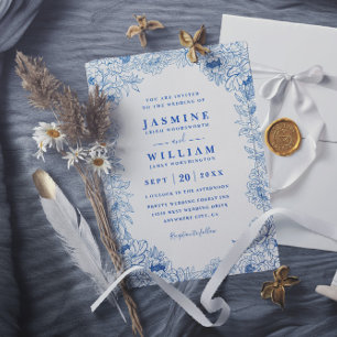 Invitation Mariage élégant moderne à code QR floral blanc ble