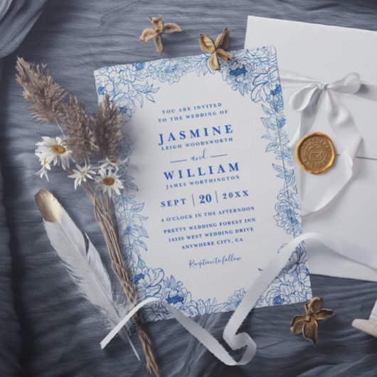 Invitation Mariage élégant moderne à code QR floral blanc ble