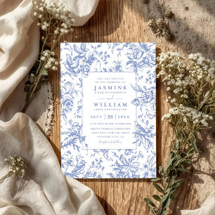 Invitation Mariage élégant moderne à code QR floral bleu vint