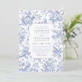 Invitation Mariage élégant moderne à code QR floral bleu vint (Debout devant)