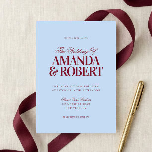 Invitation Mariage Élégant Moderne Argenté Bleu et Bourgogne