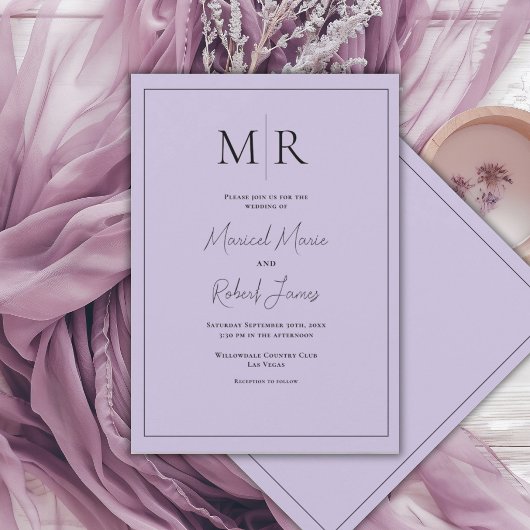 Invitation Mariage élégant moderne au monogramme violet