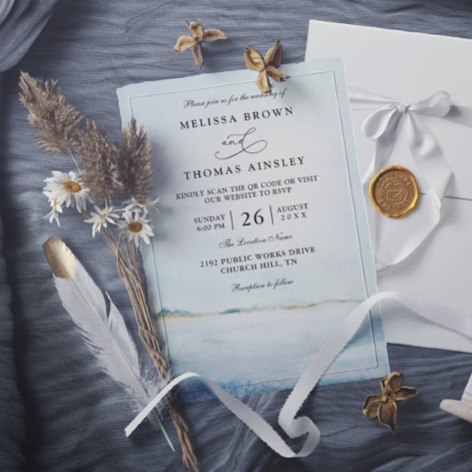 Invitation Mariage élégant moderne avec code QR de plage à l'