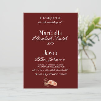 Invitation Mariage Élégant Moderne avec Rose Bourgogne et Bla