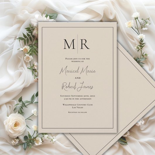 Invitation Mariage élégant moderne beige avec monogramme