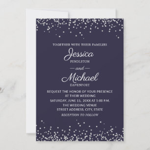 Invitation Mariage élégant moderne bleu marine paillettes arg