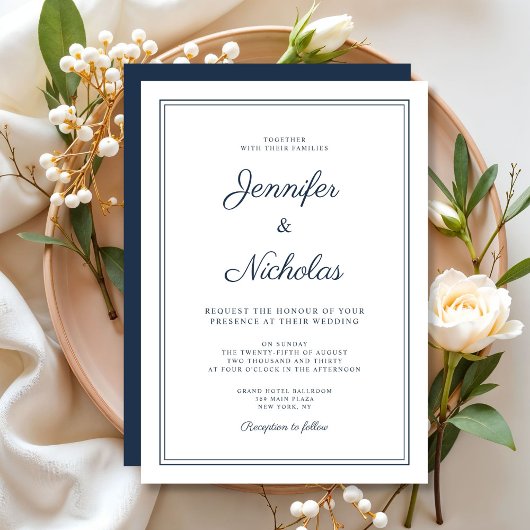 Invitation Mariage élégant moderne bleu marine script
