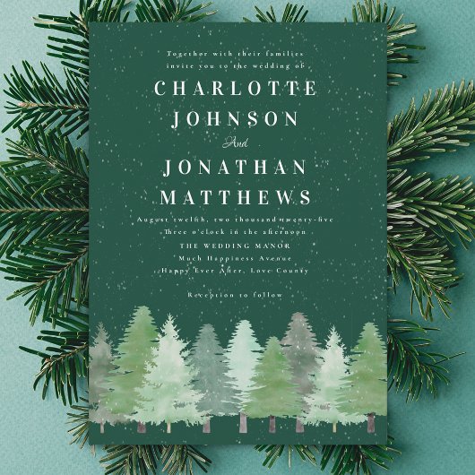 Invitation Mariage Élégant Moderne Bois de Winter Vert