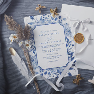 Invitation Mariage Élégant Moderne Chic Floral Bleu Vintage