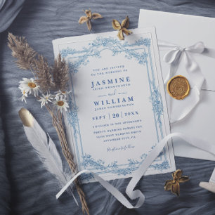 Invitation Mariage Élégant Moderne Chic Floral Bleu Vintage