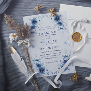 Invitation Mariage Élégant Moderne Code QR Floral Bleu Blanc