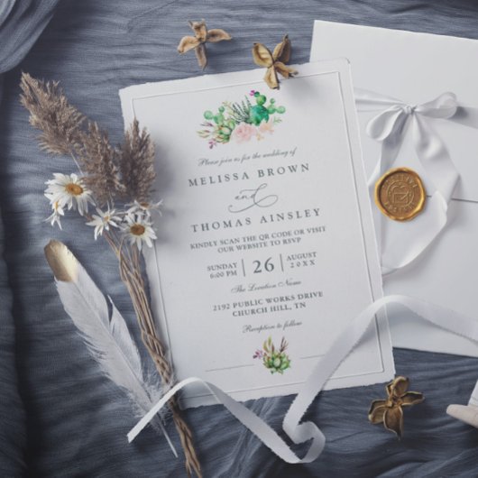 Invitation Mariage Élégant Moderne Code QR Rose Cactus Rustiq