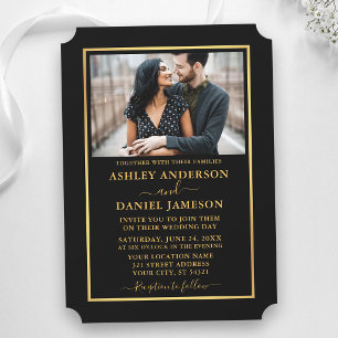 Invitation Mariage Élégant Moderne de Style Billet Noir et Or
