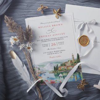 Invitation Mariage Élégant Moderne Illustré Lac de Côme Itali