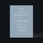Invitation Mariage Élégant Moderne Monogramme Bleu Poussiéreu<br><div class="desc">Cette invitation de mariage présente les initiales du couple en monogramme en haut, leurs noms en écriture fluide, et tous les détails du mariage en lettrage blanc propre sur un fond bleu poussiéreux doux. Simple, romantique et intemporel — un excellent choix pour un mariage dans un jardin, en plein air...</div>