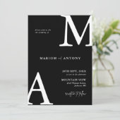 Invitation Mariage Élégant Moderne Monogramme Initial Noir Bl (Debout devant)
