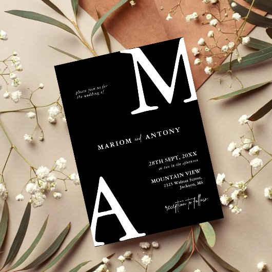 Invitation Mariage Élégant Moderne Monogramme Initial Noir Bl
