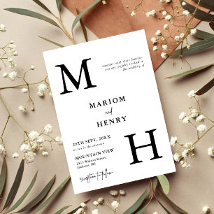 Invitation Mariage Élégant Moderne Monogramme Initial Noir Bl