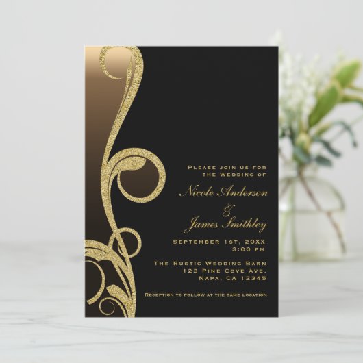 Invitation Mariage élégant moderne noir et bronze doré en spi (Debout devant)