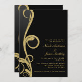 Invitation Mariage élégant moderne noir et or avec motif en s (Devant / Derrière)