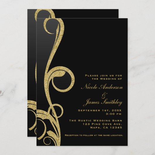 Invitation Mariage élégant moderne noir et or avec motif en s (Devant / Derrière)