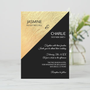 Invitation Mariage élégant moderne noir et or feuille d'or
