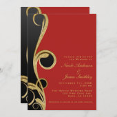 Invitation Mariage élégant moderne noir rouge et or en spiral (Devant / Derrière)