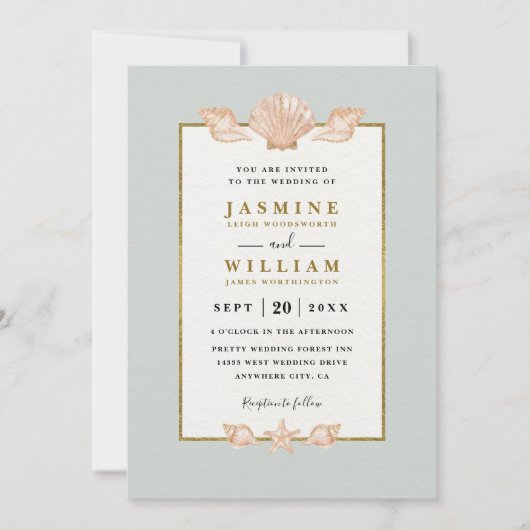 Invitation Mariage élégant moderne QR Code coquillage au bord (Devant)