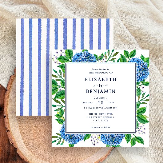 Invitation Mariage Élégant Moderne Rayures Hydrangeas Bleus