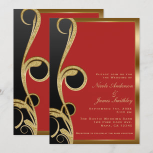 Invitation Mariage élégant moderne rouge noir et or avec tour