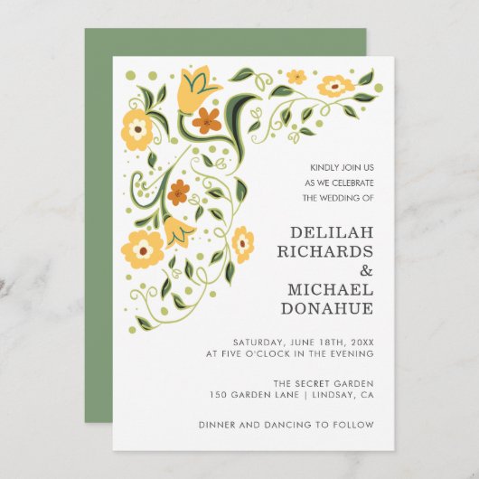Invitation Mariage élégant moderne vert jaune floral (Devant / Derrière)