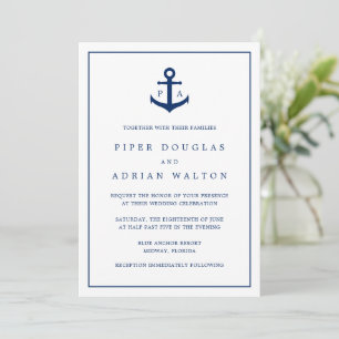 Invitation Mariage Élégant Monogramme Ancre Naútíque Moderne