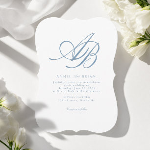 Invitation Mariage Élégant Monogramme Blanc Bleu
