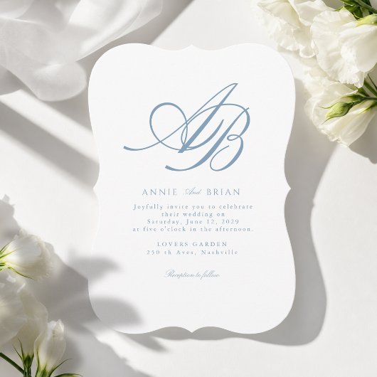 Invitation Mariage Élégant Monogramme Blanc Bleu